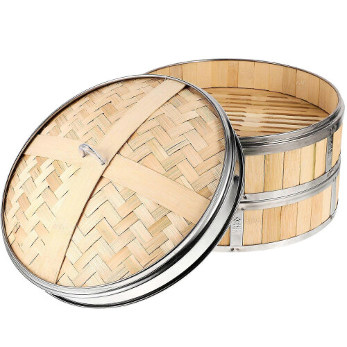 Khaki Bamboo Steamer Multi-Layer Food Steamer Basket for Cooking 1Set 2