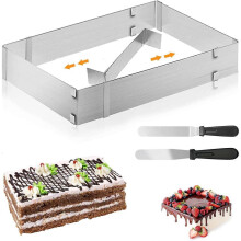 Rectangular Pastry Frame, Rectangular Pastry Mold, Extendable Pastry Frame with Adjustable Spatula, Square Cake Mold for Small and Large Cakes and Tar