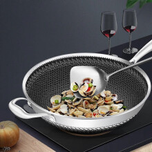 DENEST Double Sided Honeycomb Non-stick Cooker Frying Pan Stainless Wok w/ Glass Lid