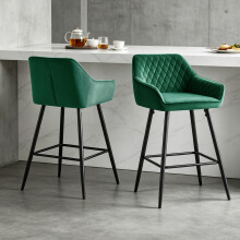(2pcs, GREEN(Velvet)) Set of 2 Bar Stool Velvet Padded Seat&Armrest Metal Legs Breakfast Chair