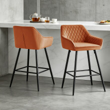 (2pcs, ORANGE(Velvet)) Set of 2 Bar Stool Velvet Padded Seat&Armrest Metal Legs Breakfast Chair