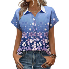 Women's V-neck short-sleeved shirt, casual-Blue XL