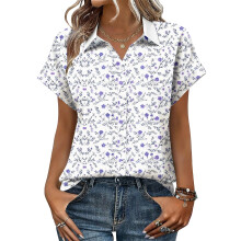 Women's V-neck short-sleeved shirt, casual-Purple XL