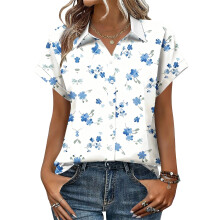Women's V-neck short-sleeved shirt, casual-White XXL