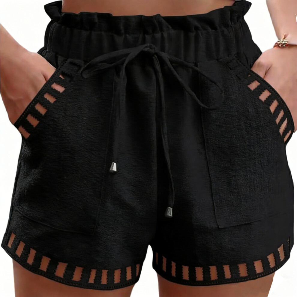 Black Womens Shorts Casual Loose Elastic Waist Drawstring- M