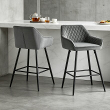 (2pcs, GREY(Velvet)) Set of 2 Bar Stool Velvet Padded Seat&Armrest Metal Legs Breakfast Chair
