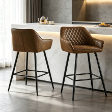 (2pcs, BROWN(Suede)) Set of 2 Bar Stool Suede Padded Seat&Armrest Metal Legs Breakfast Chair