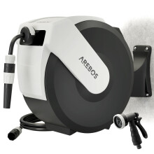 AREBOS 25m Garden Hose Reel with Automatic Rewind | 180° Swivel Wall Mount | 7 Spray Nozzle | UV-Resistant Outdoor System