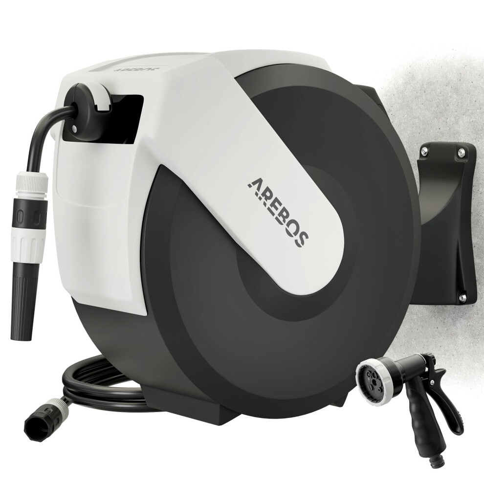 Arebos 25M Garden Hose Reel With Automatic Rewind | 180° Swivel Wall Mount | 7 Spray Nozzle | Uv-Resistant Outdoor System