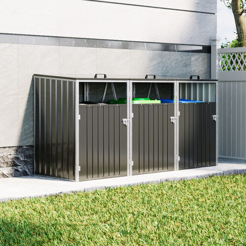 Garden Metal 3 Bin Storage Shed Garbage Can Storage, Charcoal Black 1