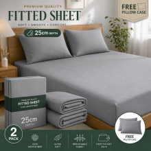 (2X Double, Grey) 25cm Deep Microfiber Fitted Bed Sheet Pack of 2 with Free Pillowcase-Hotel Quality All Bed Size Fitted Sheet