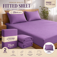 (2X Single, Purple) 25cm Deep Microfiber Fitted Bed Sheet Pack of 2 with Free Pillowcase-Hotel Quality All Bed Size Fitted Sheet