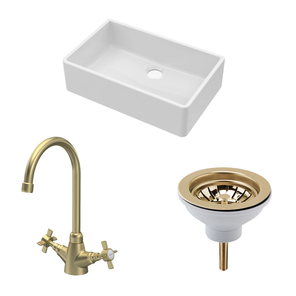 Balterley Traditional Fireclay Kitchen Bundle: 1 Bowl Butler Sink, Waste & Mono Crosshead Tap - 795Mm - Brushed Brass