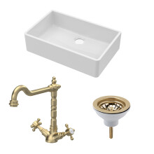 Traditional Fireclay Kitchen Bundle: 1 Bowl Butler Sink, Waste & Classic Mono Tap - 795mm - Brushed Brass