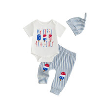 (Newborn, Blue) Baby Boys 4th of July Outfits Letter Ice Cream Fuzzy Embroidery Crew Neck Short Sleeve Waffle Rompers Long Pants Hat 3Pcs Clothes Set