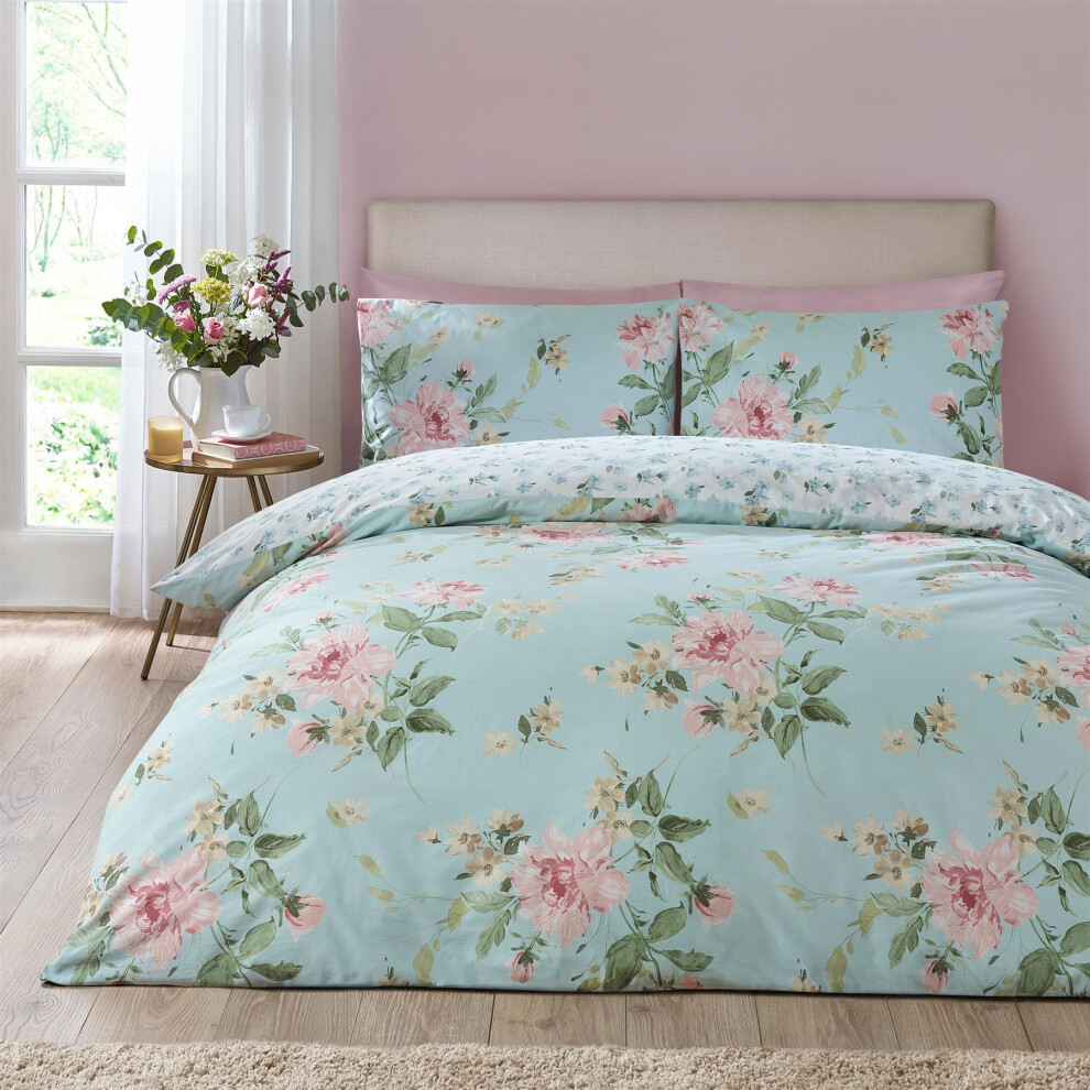 Catherine Lansfield Unisex Duck Egg Blue Avebury Floral Duvet Cover Set In | Size: Single - Image 10