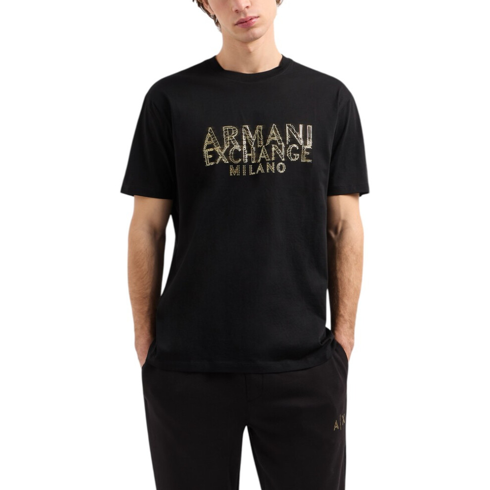 Armani (Black&Gold, M) Exchange Mens T-Shirts Milano Logo Print Cotton Tee Summer Top Black