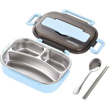 Bento lunchbox, kinderlunchbox met bestekset, lunchbox met 3 compartimenten, geschikt voor magnetron en vaatwasser, blauw