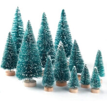 Miniatuur kerstboom - Feestdecoratie - 15 stuks - Plastic + Hout - Blauwgroen - Binnen