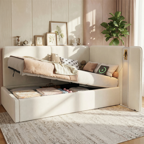 Beige Velvet Single Daybed with USB Charging
