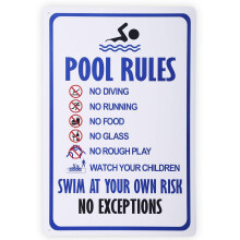 Pool Rules Sign 8x12 Inch, Durable Metal Swim at Your Own Risk Warning Sign for Fence or Pool Area