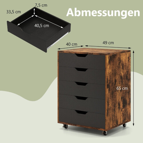 Mobiele archiefkast met 5 laden, bruin hout, rollend