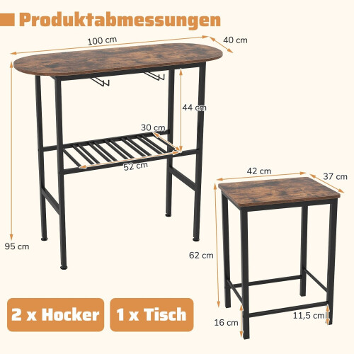 Bar Table Set for 2 with Wine Glass Holders and Rack 1