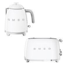 (White) Smeg KLF05 Retro 50's Style Small Mini Kettle 0.8L & TSF03 Retro 4-Slice Toaster Set