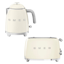 (Cream) Smeg KLF05 Retro 50's Style Small Mini Kettle 0.8L & TSF03 Retro 4-Slice Toaster Set
