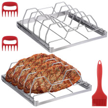 Foldable Stainless Steel Rib Rack Set for Grilling BBQ, with Silicone Brush and Meat Shredders