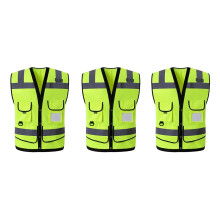 Visibility Reflective Safety Vest 3 Pack Fluorescent Yellow Multi Pocket Work Vest for Construction and Cycling