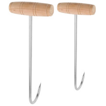 2pcs Stainless Steel Meat Hooks with Wooden Handle, TShaped Butcher Hooks for BBQ and Meat Processing
