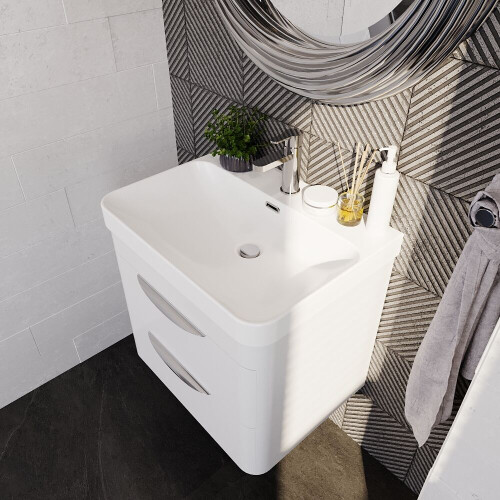 Balterley Balterley Wave Modern Bathroom Wall Hung 2 Drawer Thin Edge Vanity Unit Basin, Gloss White, 590mm 2