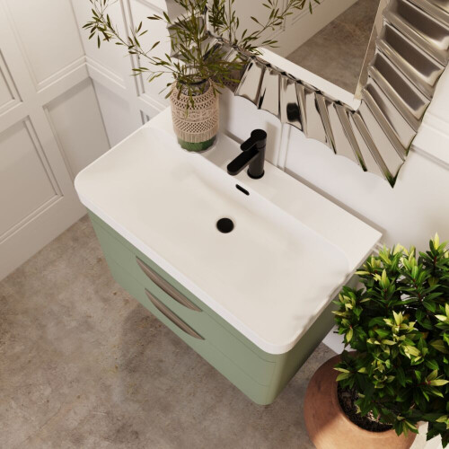 Balterley Balterley Wave 800mm Wall Hung 2 Drawer Vanity Unit with Thin-Edge Ceramic Basin - Satin Green 2
