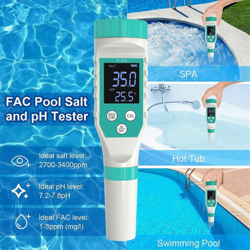 Analyseur de qualité de l'eau (pH/chlore libre/ORP/EC/TDS/salinité/température) - Testeur de sel pour piscine - Compatible avec les piscines 1
