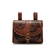 Viking Leather Belt Pouch with Vegvisir Compass and Odin Engraving, Medieval Waist Bag for Men