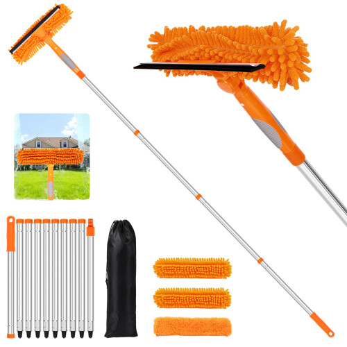 152' Window Cleaning Kit, 2 in 1 Window Squeegee and Scrubber with Adjustable Extension Pole for  Windows