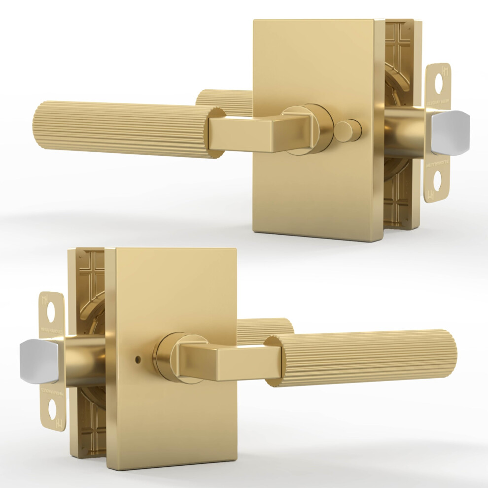 Satin Brass Privacy Door Handle With Lock For Bedroom And Bathroom, Heavyduty Interior Reversible Set 9351714683845