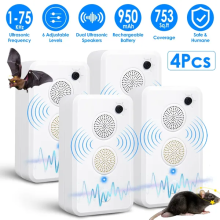 4er-Pack Ultraschall-Schädlingsbekämpfer, 6-stufig einstellbare Frequenz (1–75 kHz), vertreibt Fledermäuse, Vögel und Nagetiere, 950-mAh-Ak