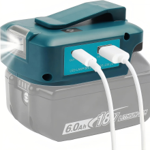 ADP05 Akku-Netzteil-Arbeitsleuchten-Konverter, kompatibel mit Makita 14,4-V- und 18-V-Akkus, inklusive zwei USB-Handyladegeräten
