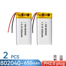 (2 unidades de enchufe PH2.0) Batería recargable de polímero de iones de litio Li-ion 802040 de 650