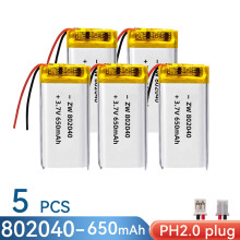(5 unidades, conector PH2.0) Batería recargable de polímero de iones de litio Li-ion 802040 de 650 m
