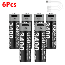 (6Pcs)AA USB Rechargeble Li-ion Batteries 1.5V 3400mWh Type-C Rechargeable AA Battery for Toys Remote Control