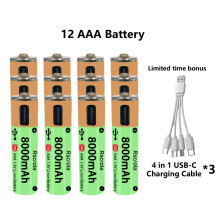 (12 pilas AAA) Pilas recargables de iones de litio AAA de 8000 mAh y 1,5 V. Tipo C. Carga rápida. La