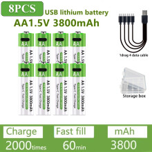 (8 pilas AA) Batería recargable de litio de 3000 mAh/3800 mAh, voltaje constante de 1,5 V, carga ráp