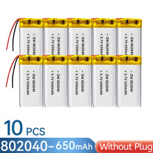 (10 unidades sin enchufe) Batería recargable de polímero de iones de litio 802040 de 650 mAh y 3,7 V