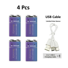 (4P Battery,9v)Rechargeable 9V Li-ion Battery 9800mAh,Long-lasting 9V Battery,Type-C Charge,for Smoke Detectors, Walkie-Talkies, Test Equipment