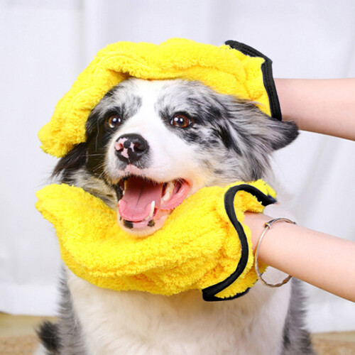 Fleece Pet Grooming Gloves Multifunctional Bath-Yellow 1pcs 2