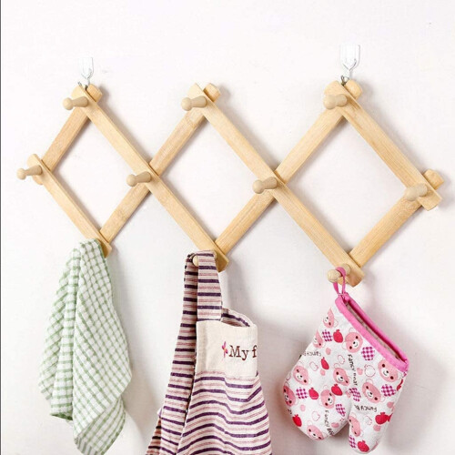 Bamboo Wall Hooks Coat Rack with Retractable Folding Design, SpaceSaving and Modern Minimalist Style 2