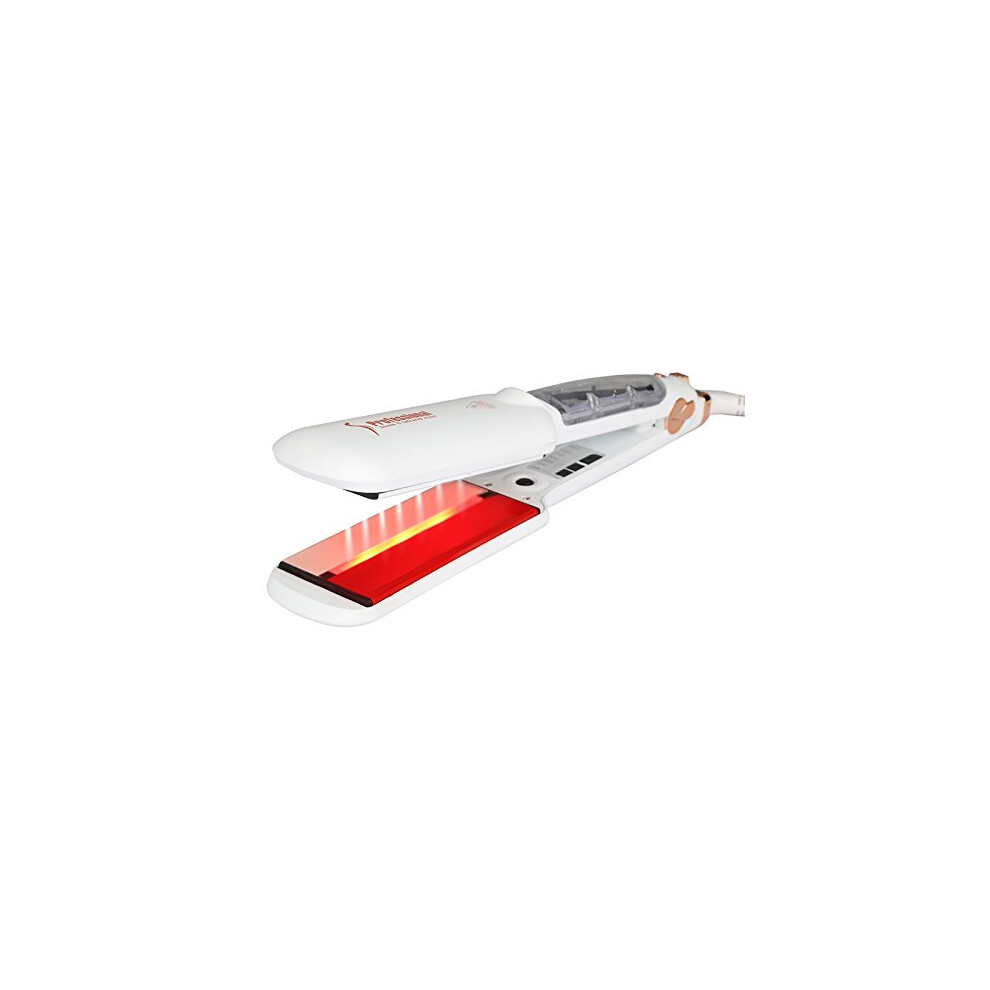 White Steam Hair Straightener With Infrared Ceramic Plates, 2 Inch Dual Voltage Flat Iron, Auto Shut Off,